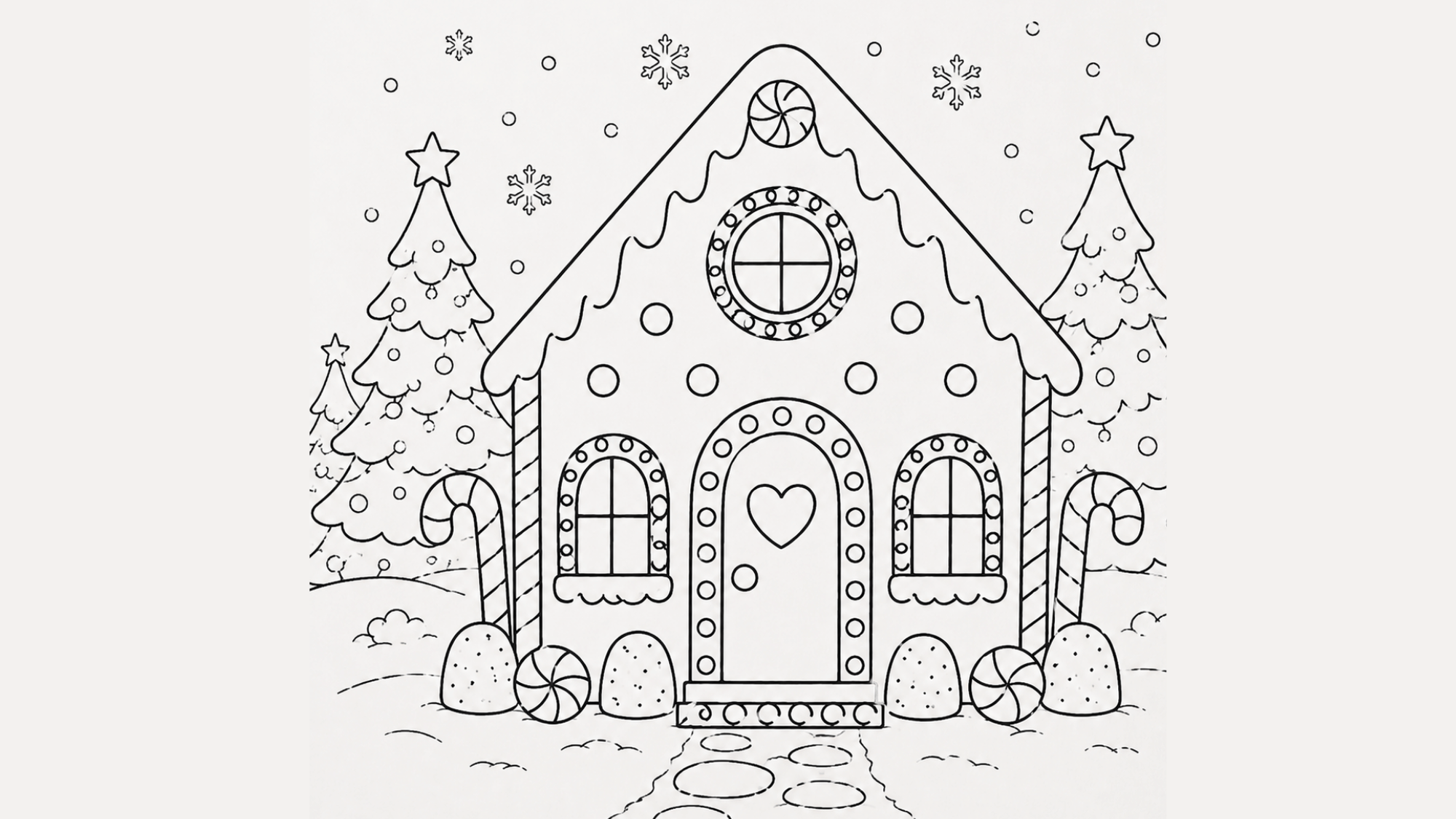 gingerbread house sketch with Christmas trees, snowflakes, and a festive winter background