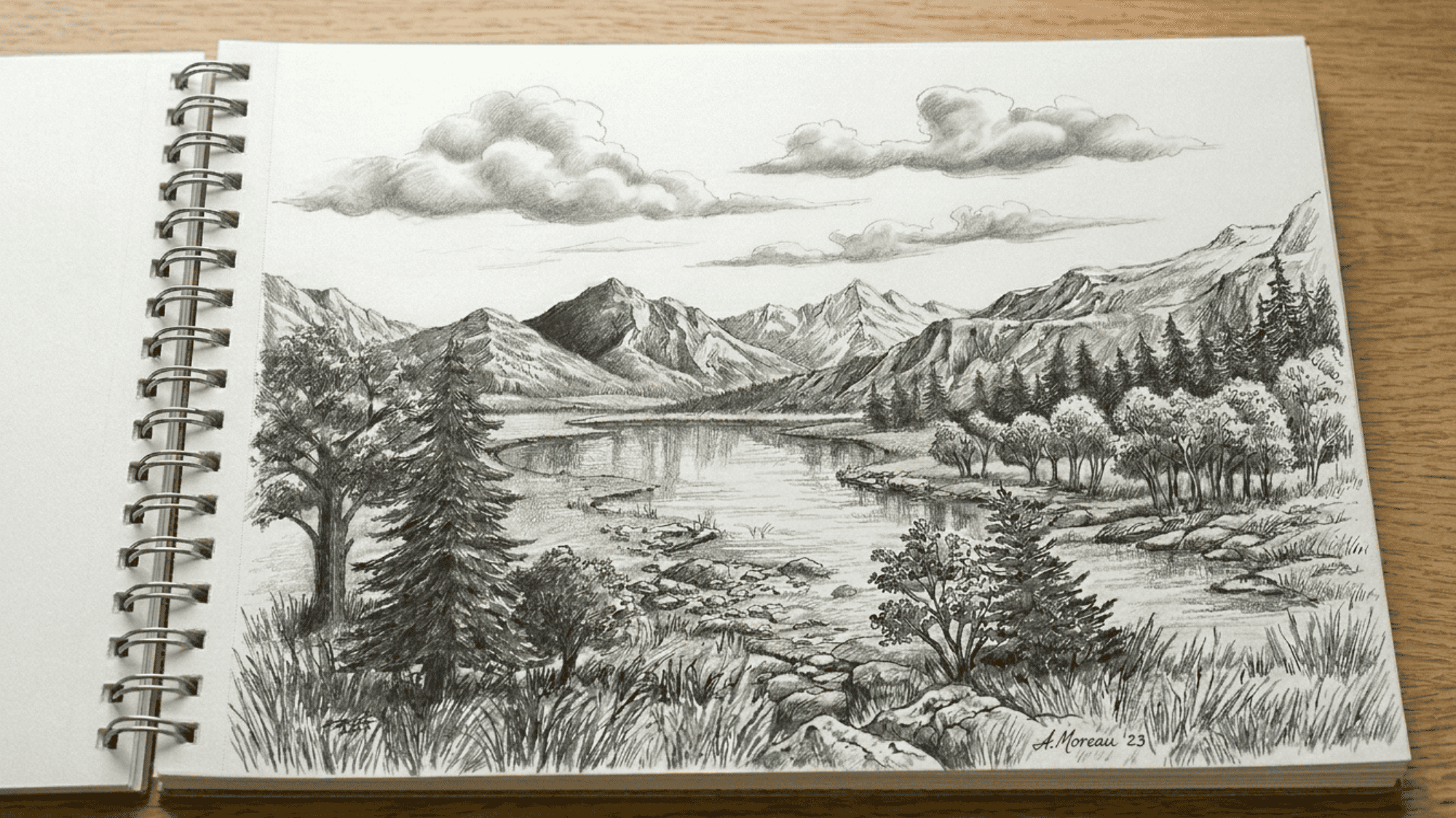 completed landscape pencil drawing with clouds, mountains, lake reflections, and rich details.