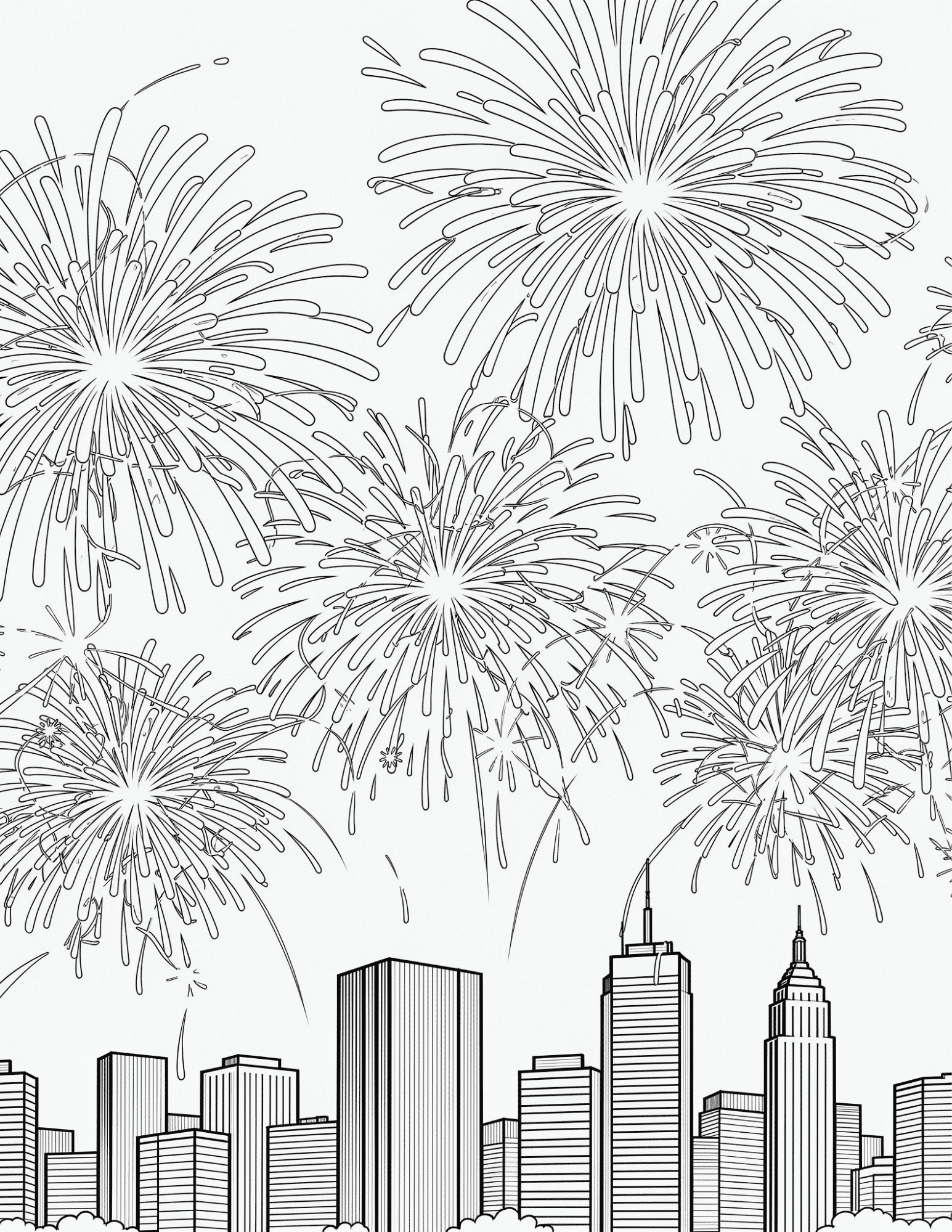 fourth of july fireworks bursting over a city skyline black and white outline coloring page for kids