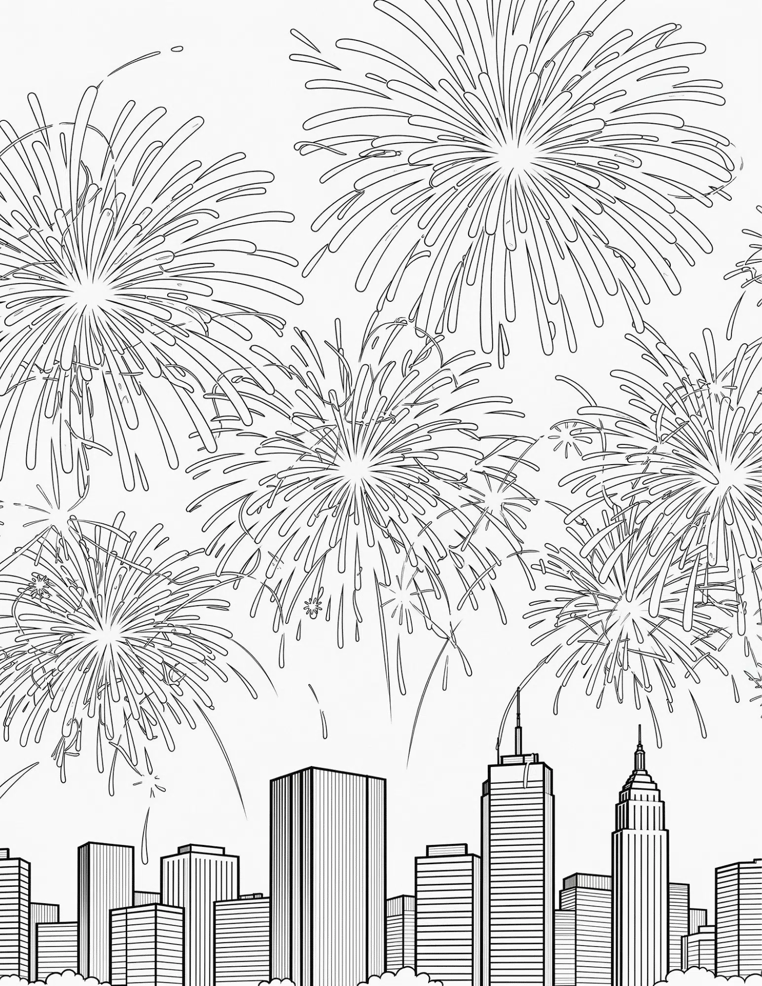 fourth of july fireworks bursting over a city skyline black and white outline coloring page for kids