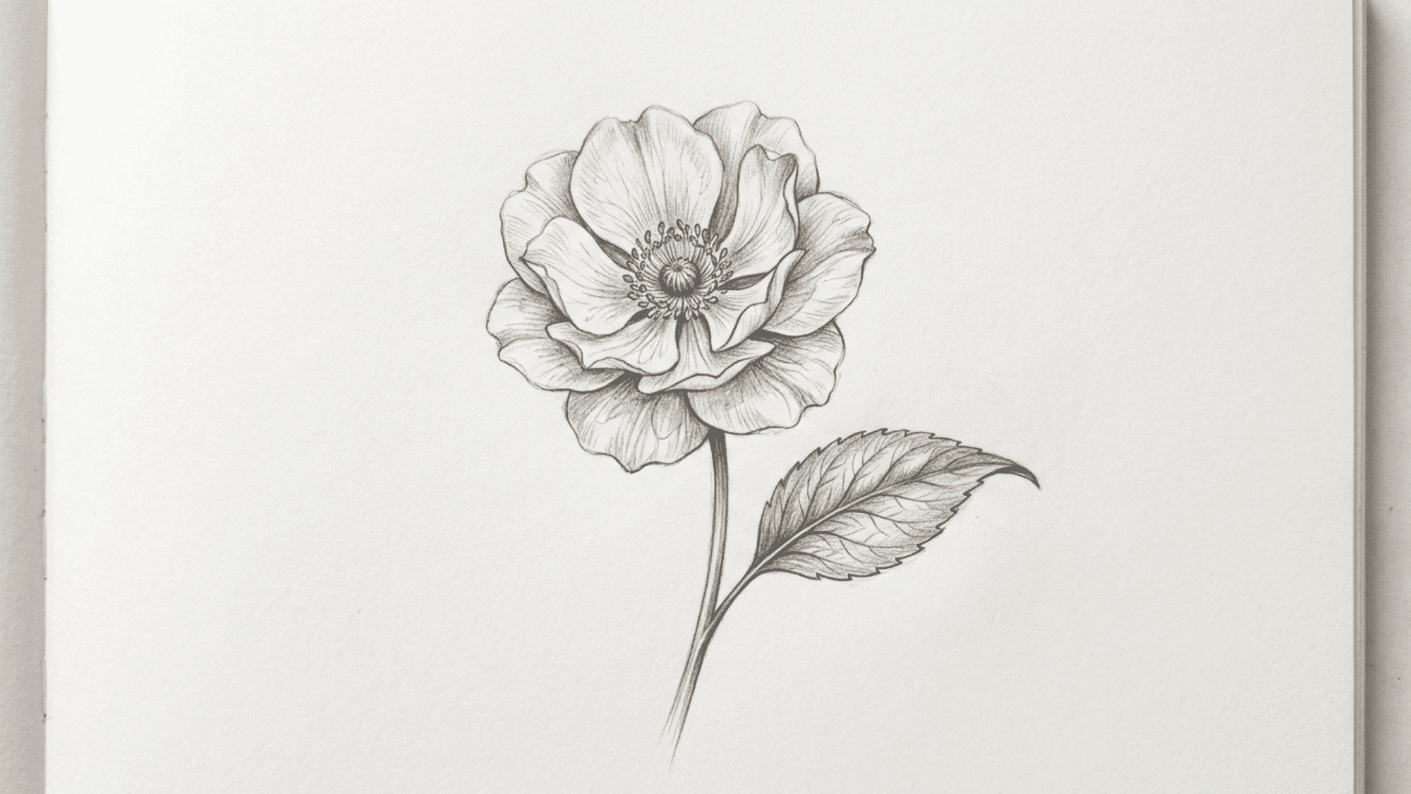 single flower and leaf pencil sketch with detailed petals veins soft shading on clean sketchbook paper