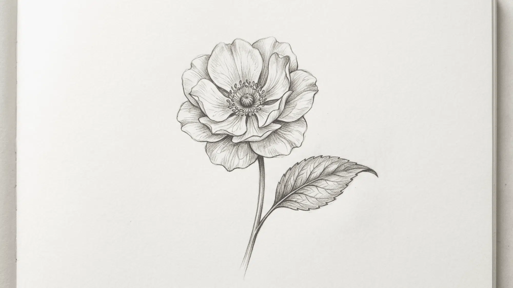 single flower and leaf pencil sketch with detailed petals veins soft shading on clean sketchbook paper