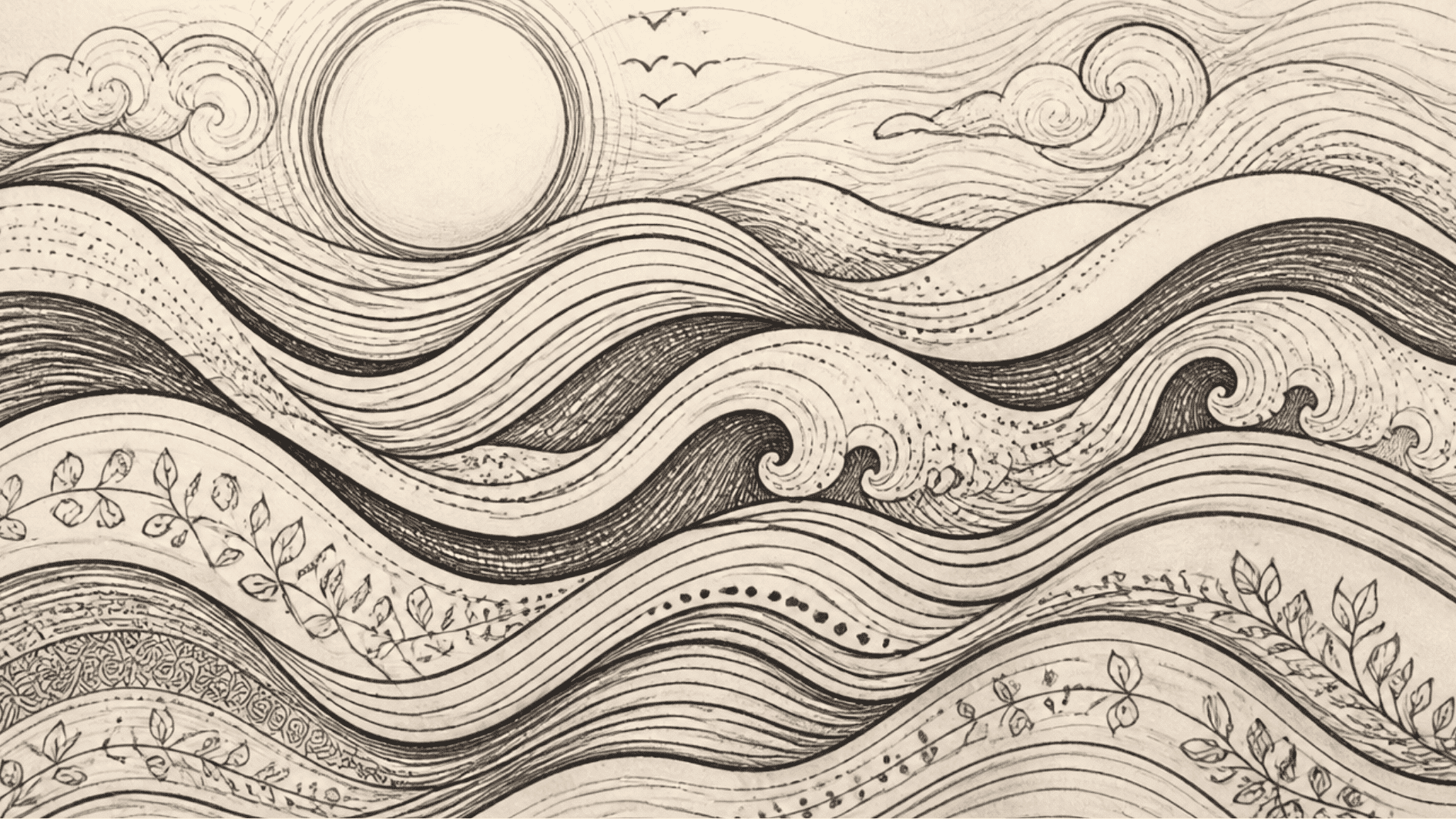 hand drawn flowing rhythm art with waves curved lines and natural movement