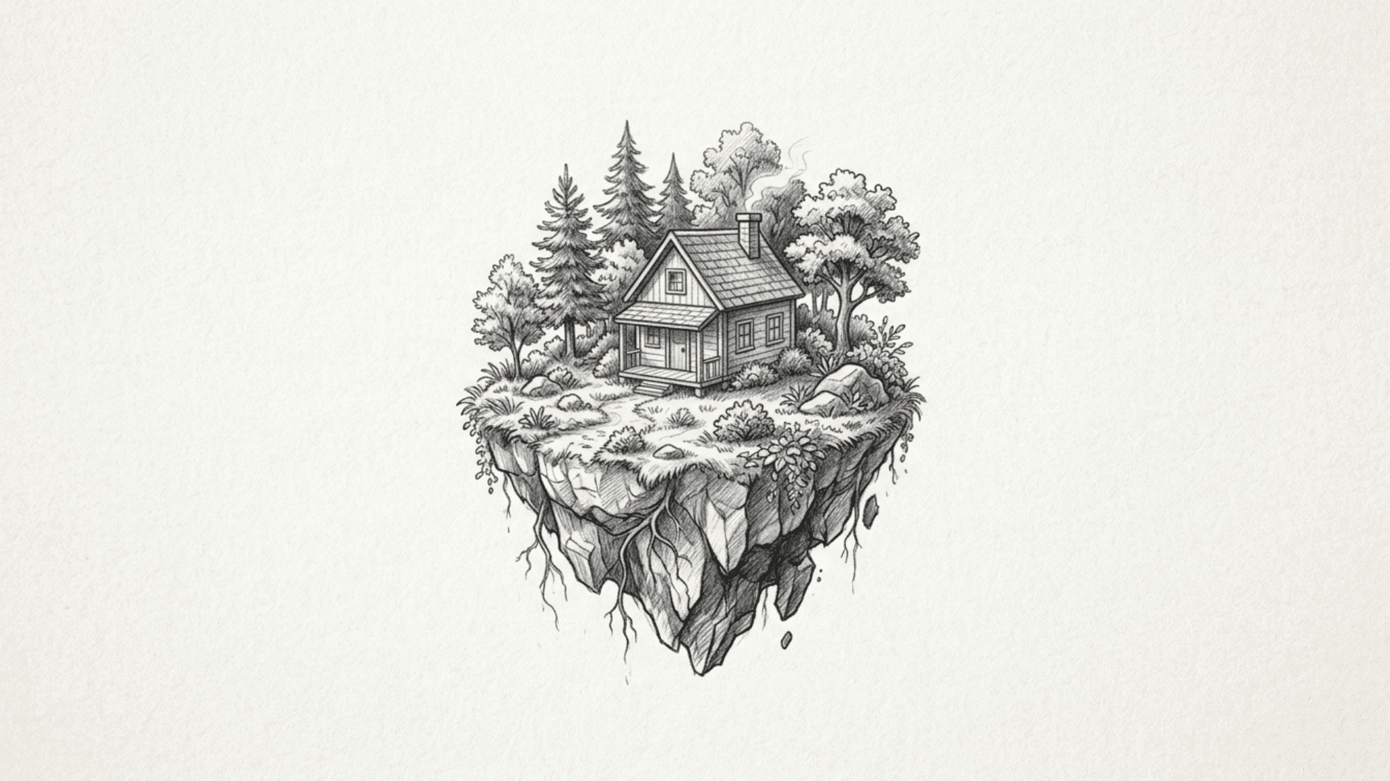 floating island in the sky pencil sketch with trees rocks clouds and a tiny house