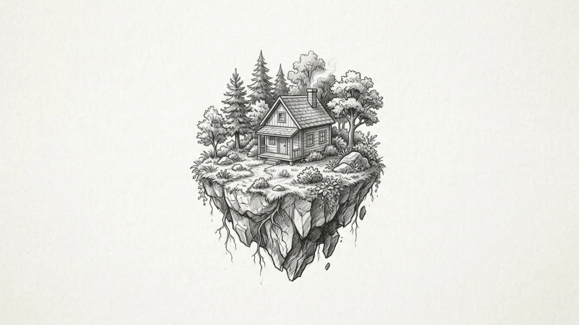 floating island in the sky pencil sketch with trees rocks clouds and a tiny house