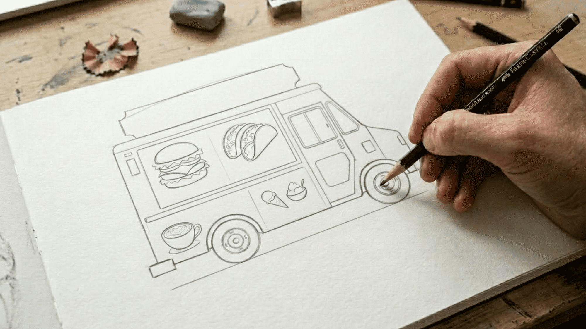 clean line art food truck drawing featuring menu icons and serving window details