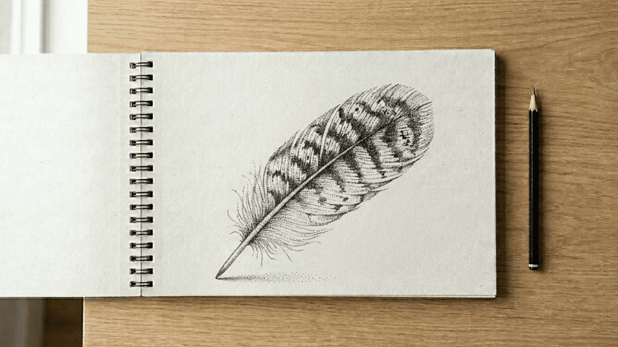 sketchbook on artist desk showing stippling dots on an owl feather