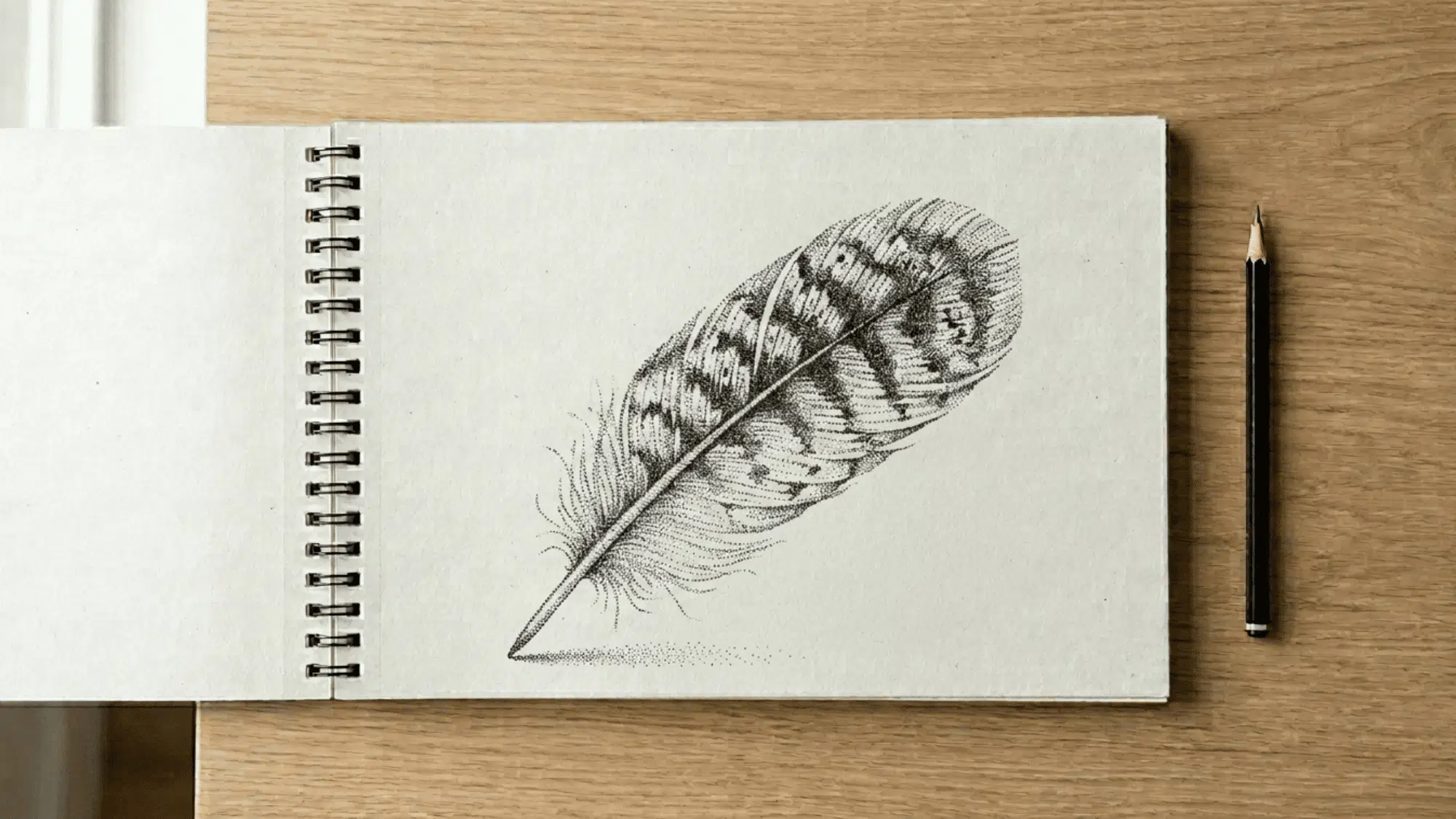 sketchbook on artist desk showing stippling dots on an owl feather