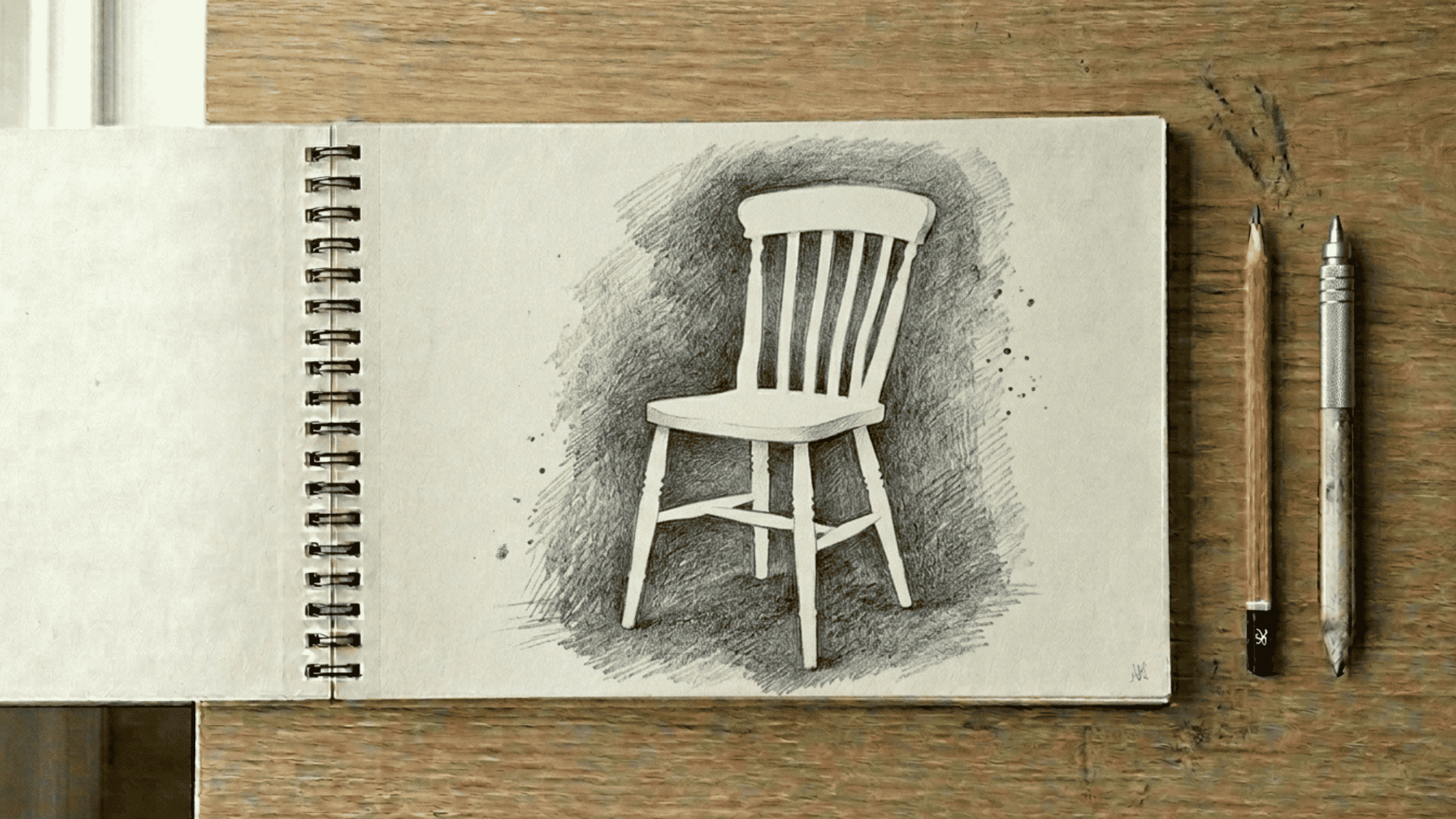 sketchbook on artist desk showing negative space drawing around a chair