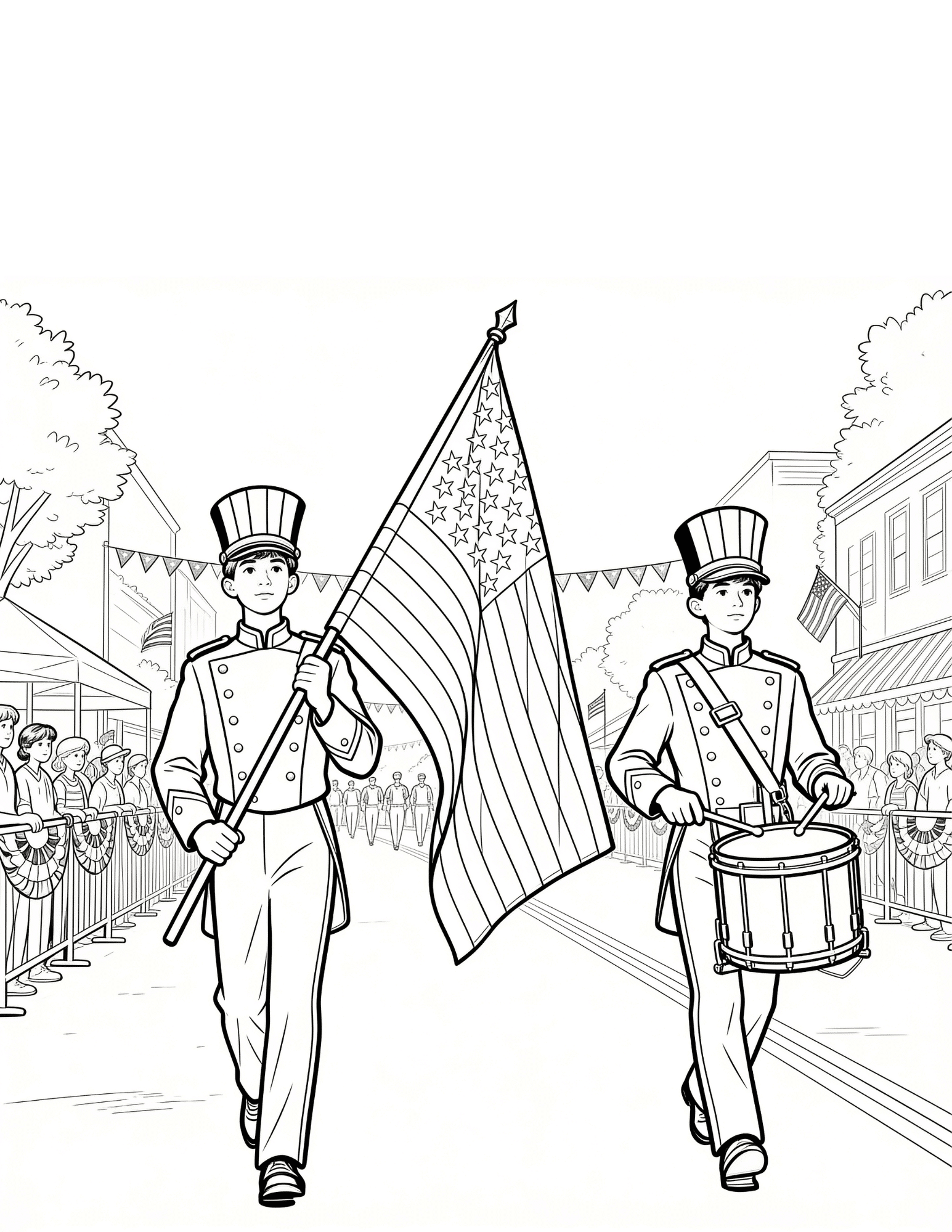 fourth of july parade with flags floats and families black and white outline coloring page for kids