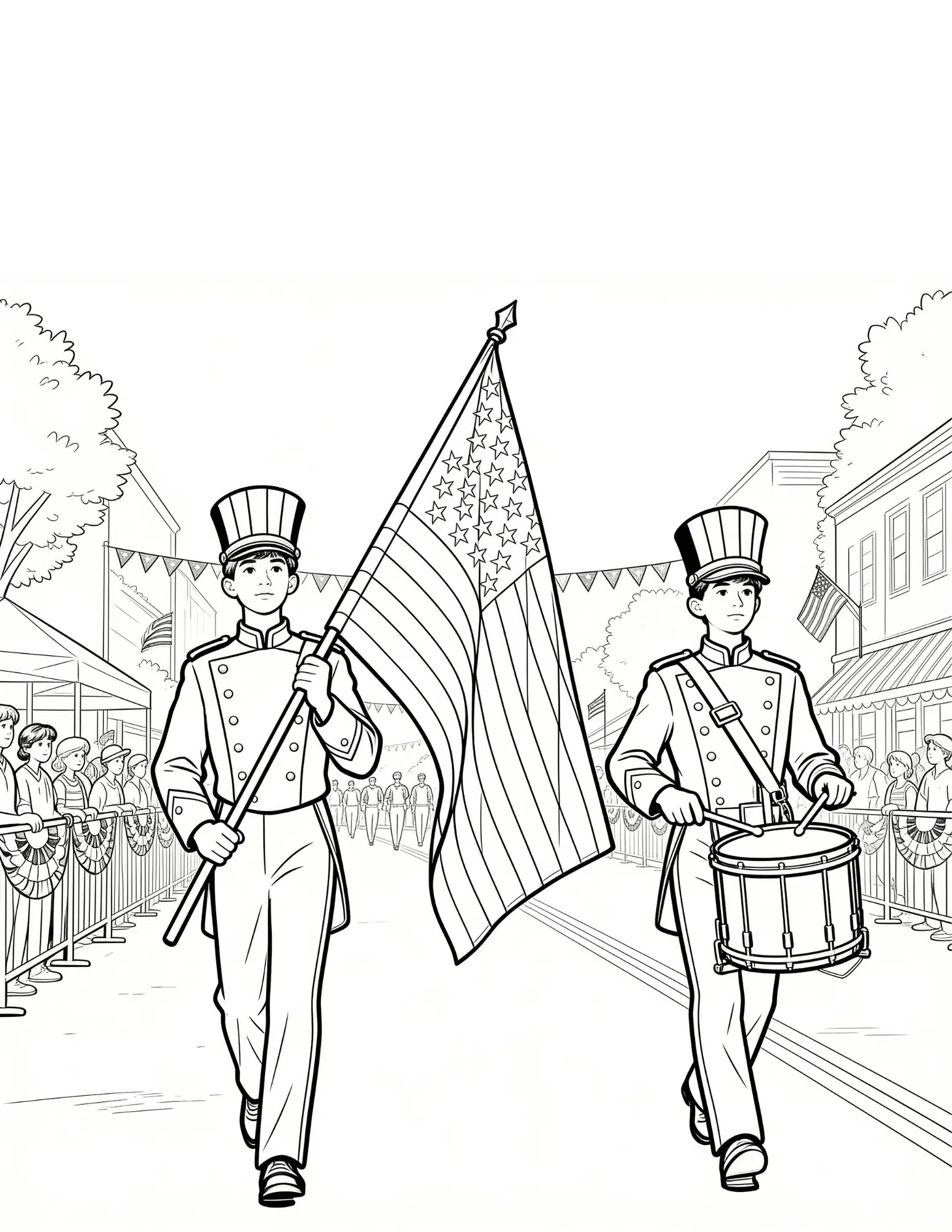 fourth of july parade with flags floats and families black and white outline coloring page for kids