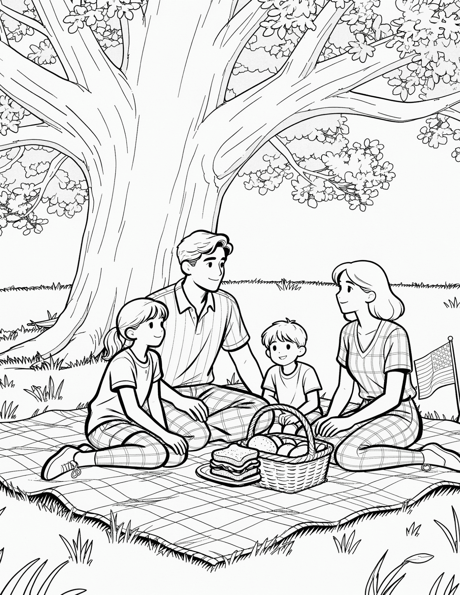 family enjoying fourth of july picnic with flags and basket black outline coloring page scene