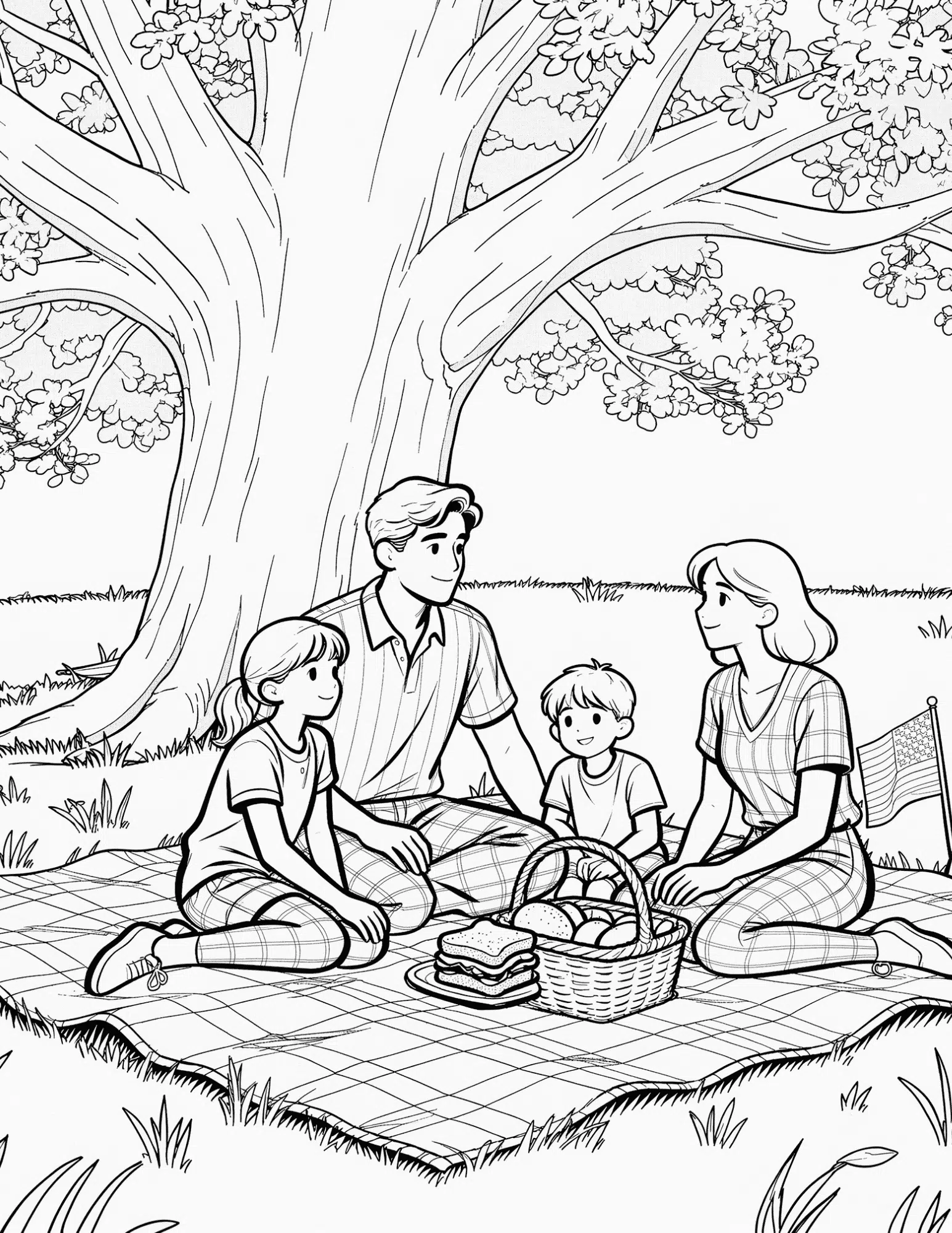 family enjoying fourth of july picnic with flags and basket black outline coloring page scene