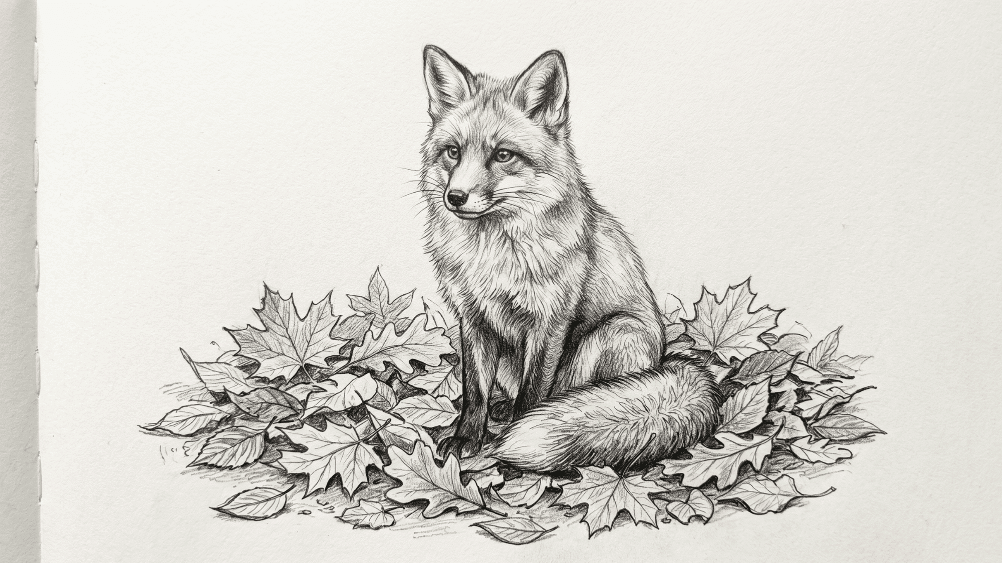 fox sitting among fallen leaves pencil sketch with detailed fur texture and natural pose