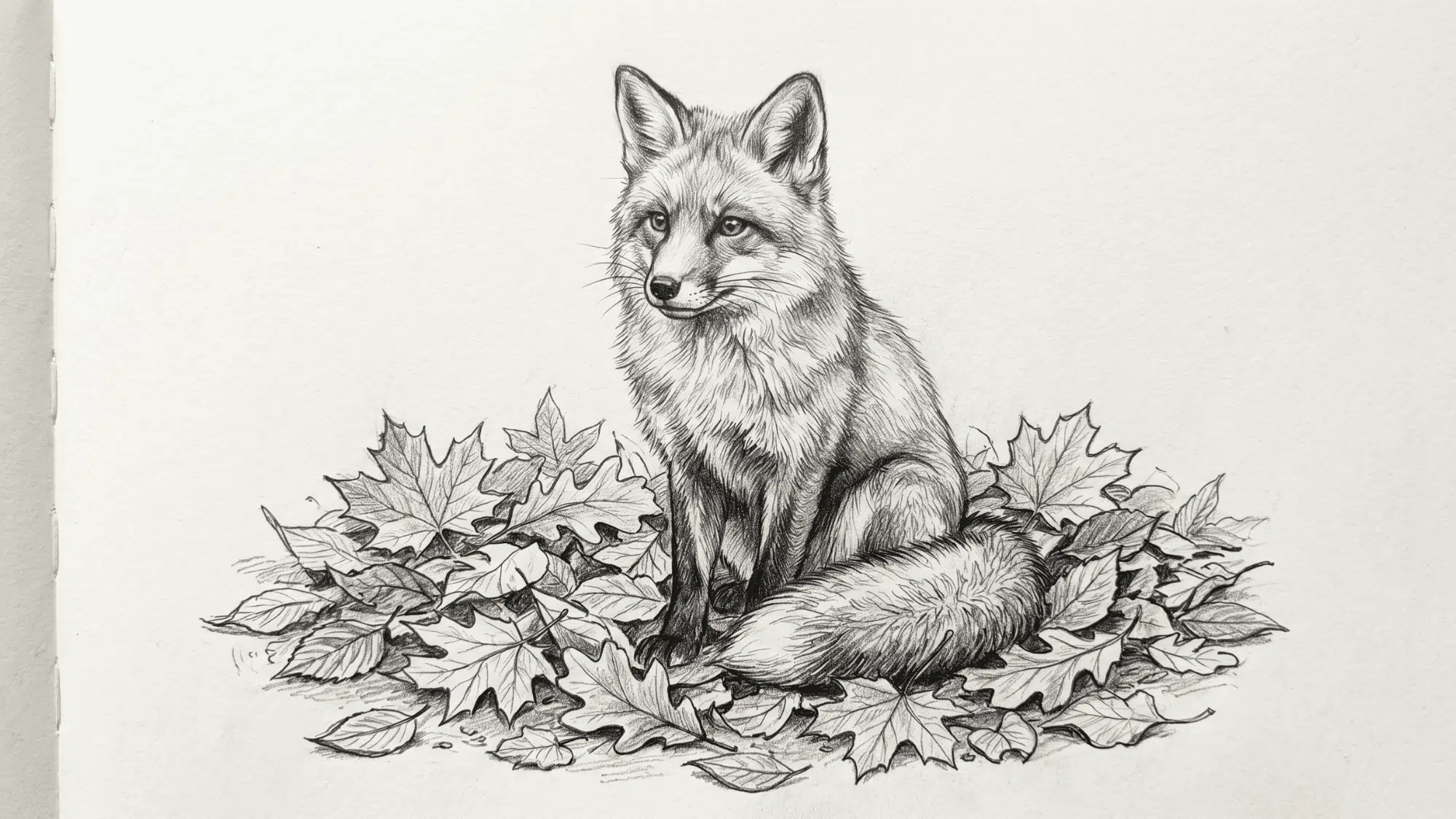 fox sitting among fallen leaves pencil sketch with detailed fur texture and natural pose