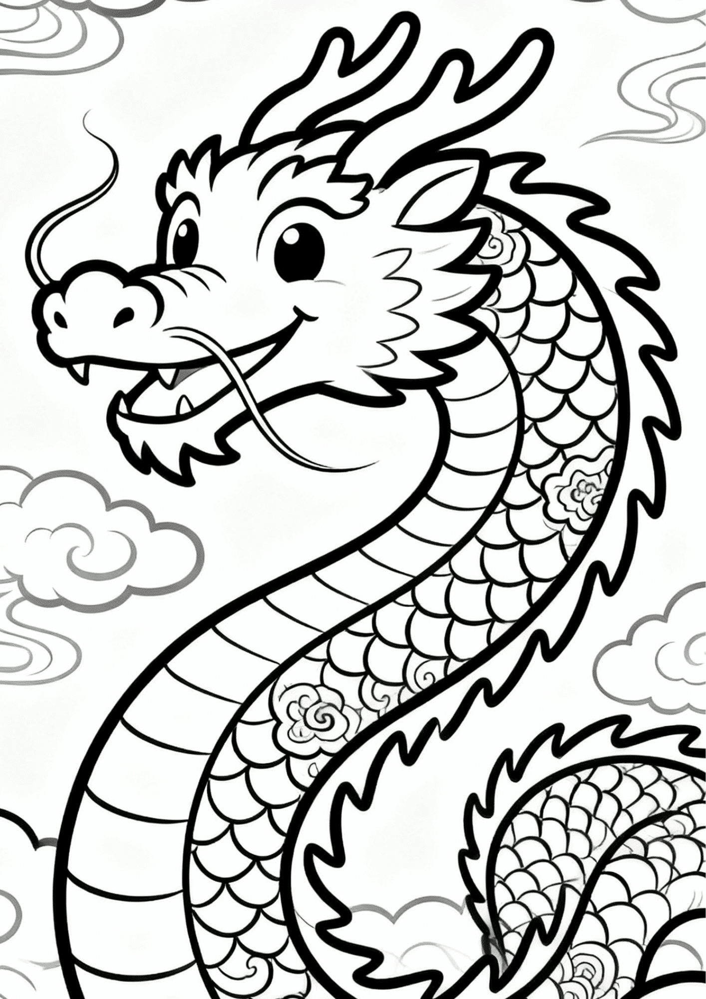 Friendly Chinese dragon with long scaled body, whiskers, and horns floating through clouds in a coloring page scene