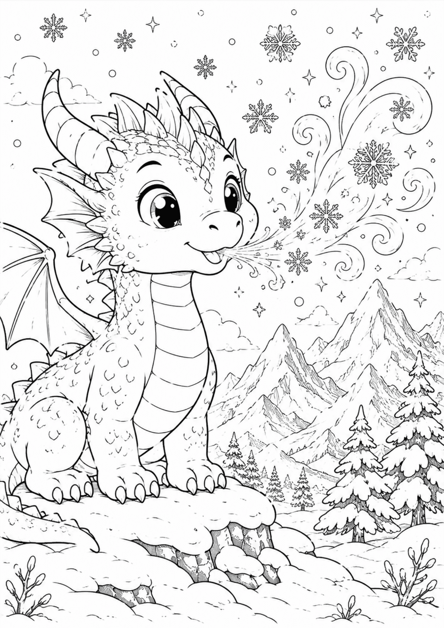 Friendly dragon blowing snowflakes and icy mist, snowy mountains in background, magical winter coloring page.