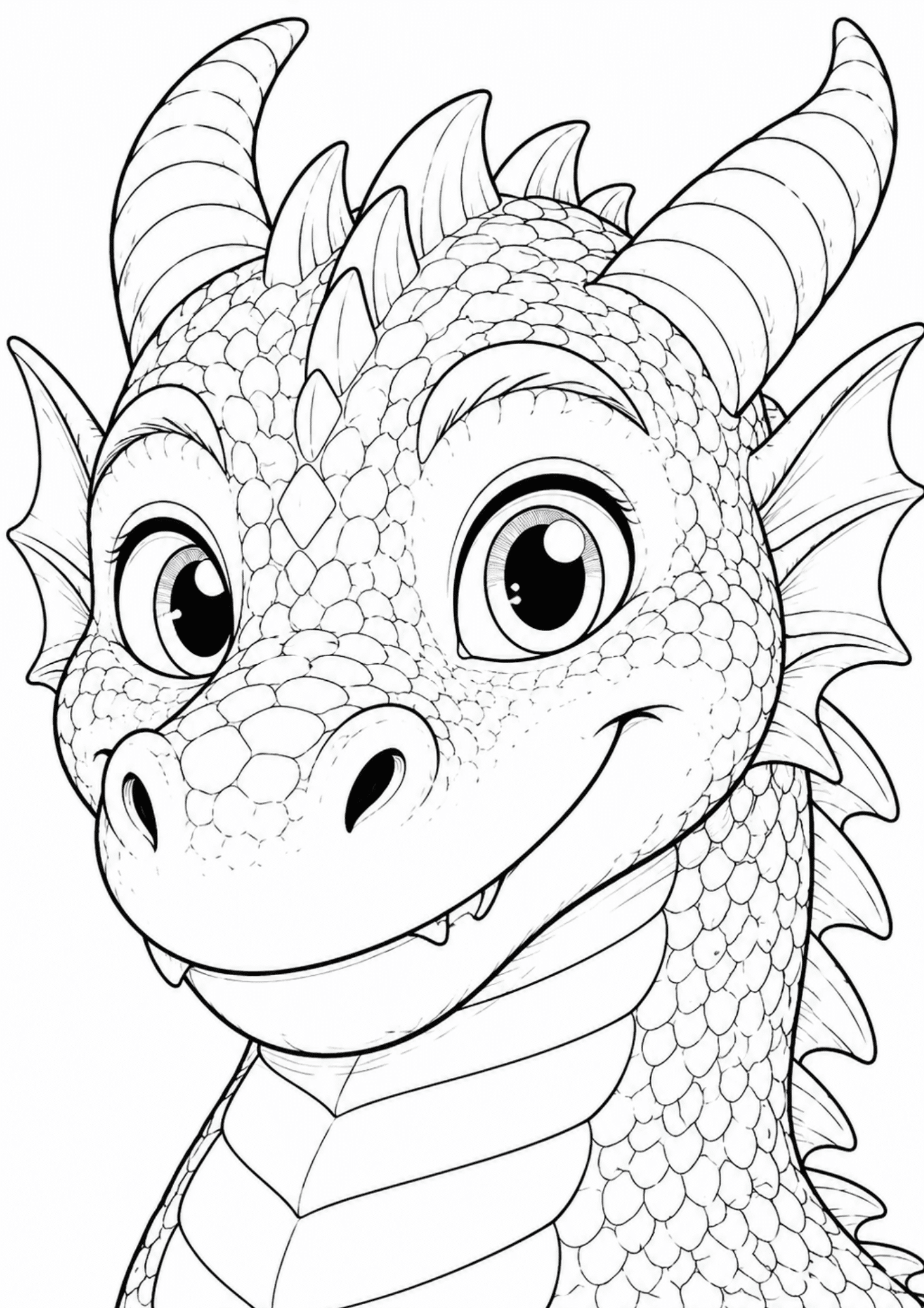Friendly dragon face coloring page with detailed scales and horns, smiling close-up illustration
