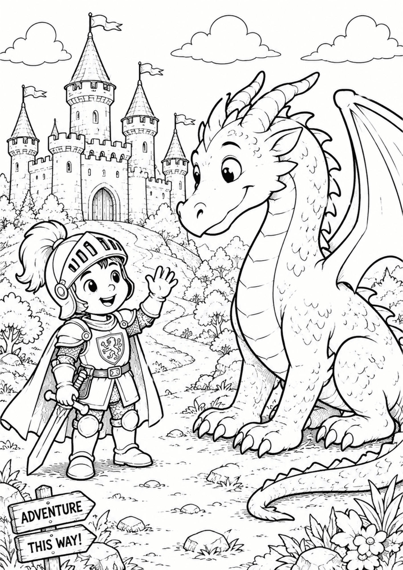 Friendly knight waving at a smiling dragon near a castle in a fun fantasy adventure coloring page for kids