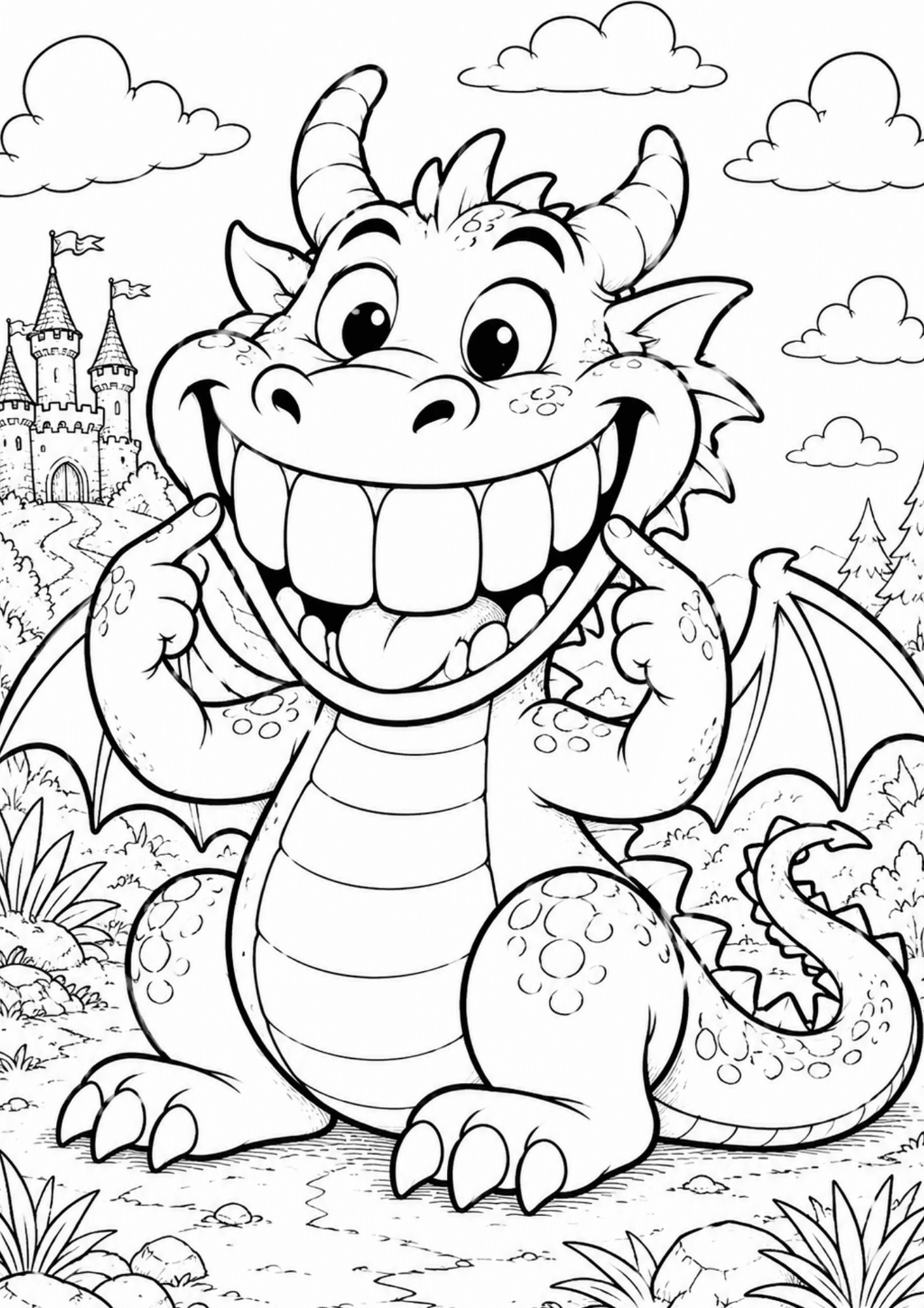 Funny cartoon dragon with oversized teeth and playful smile in a bold black and white fantasy coloring page design