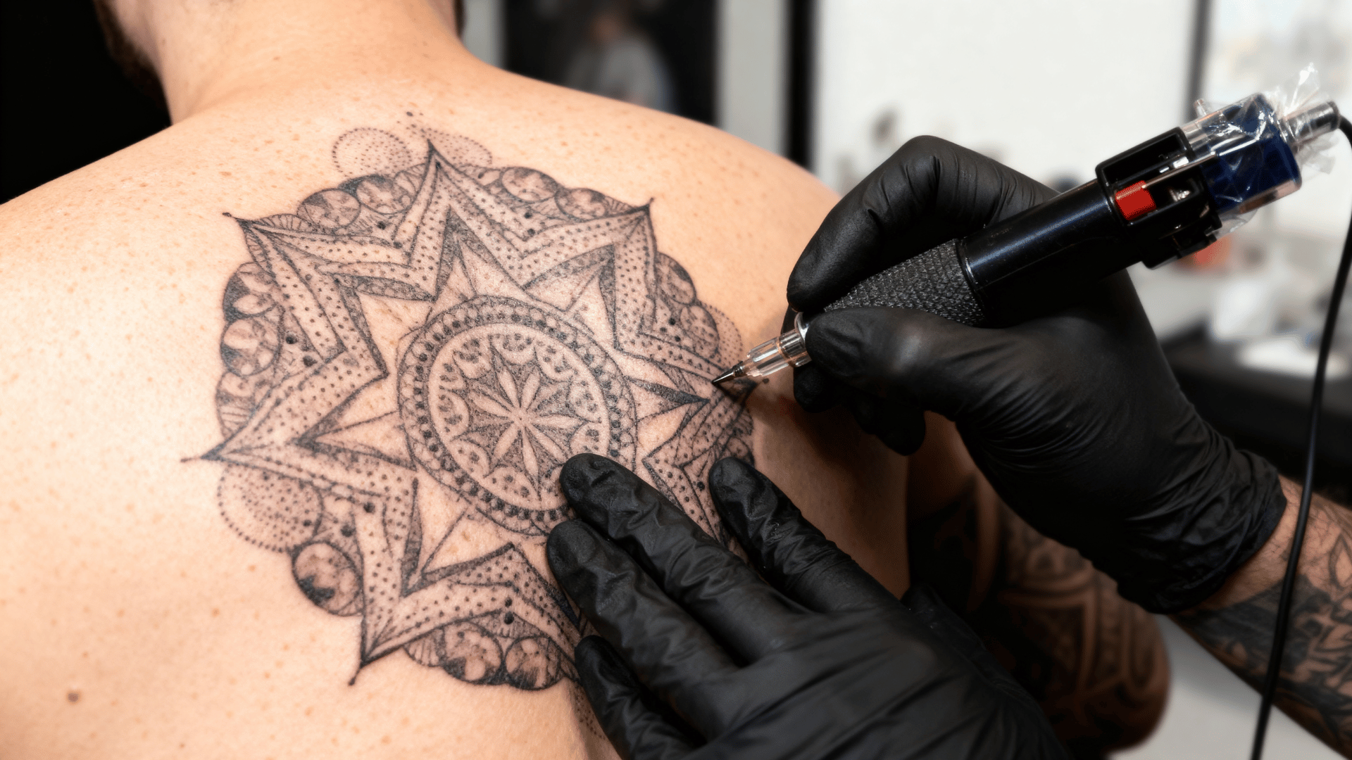 tattoo artist creating a geometric mandala tattoo with detailed shapes and dotwork on a person's upper back