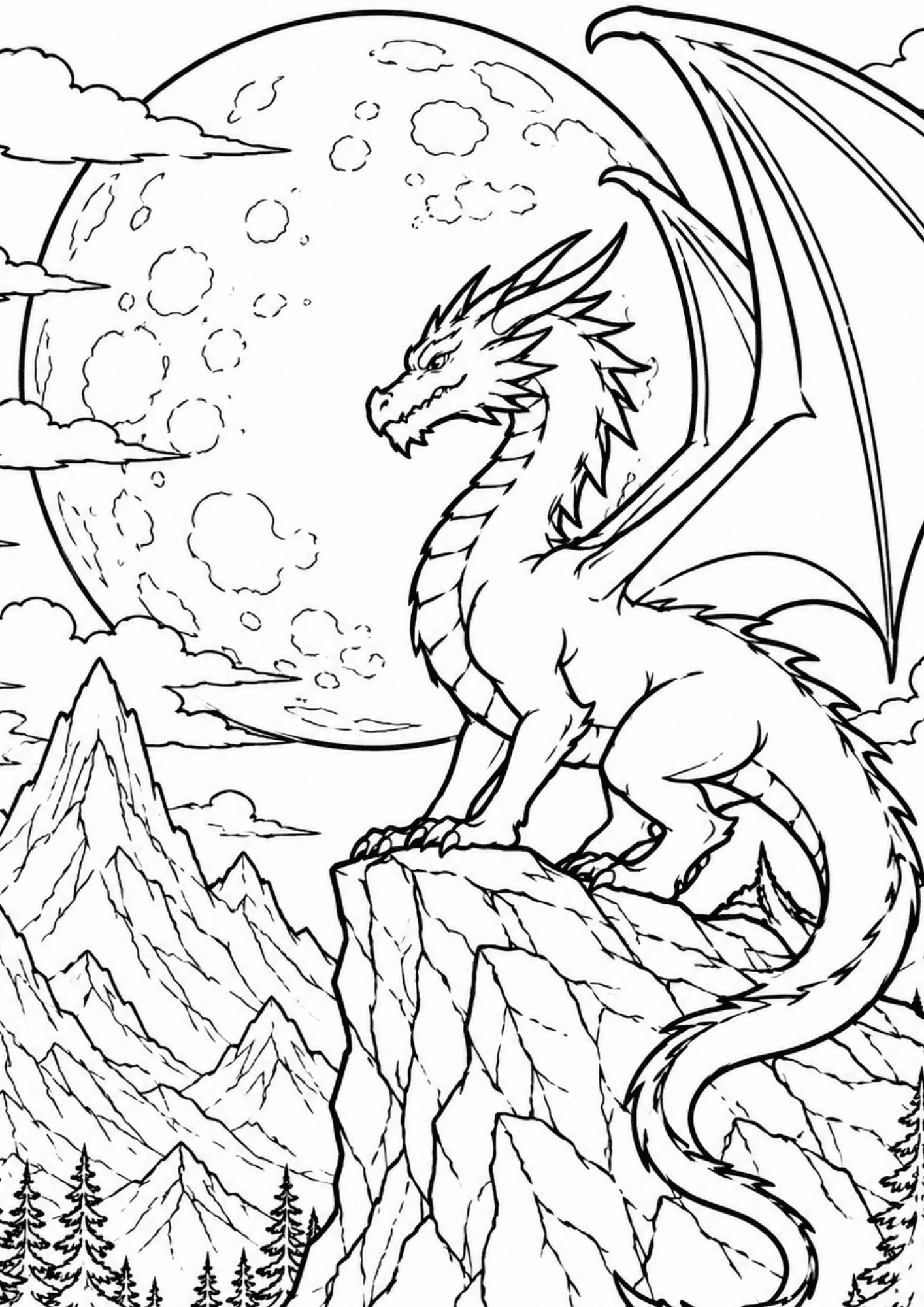 Giant dragon standing on cliffs before a huge moon and mountains, bold black outlines, fantasy coloring page.