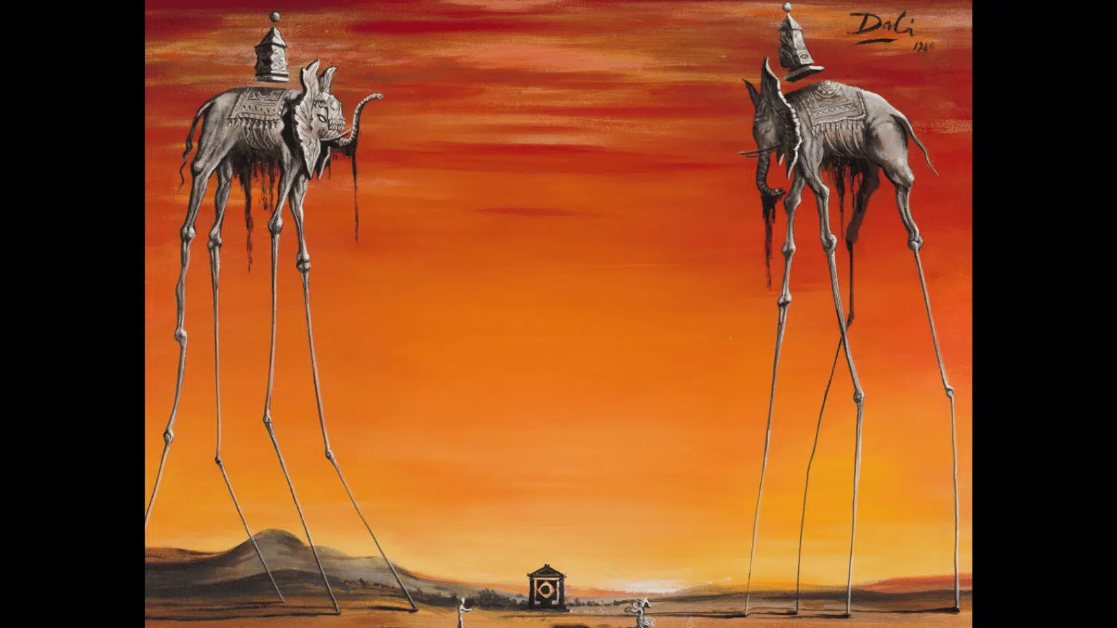 giant elephants balancing heavy bodies on impossibly long thin legs in salvador dali's dreamlike surreal painting.