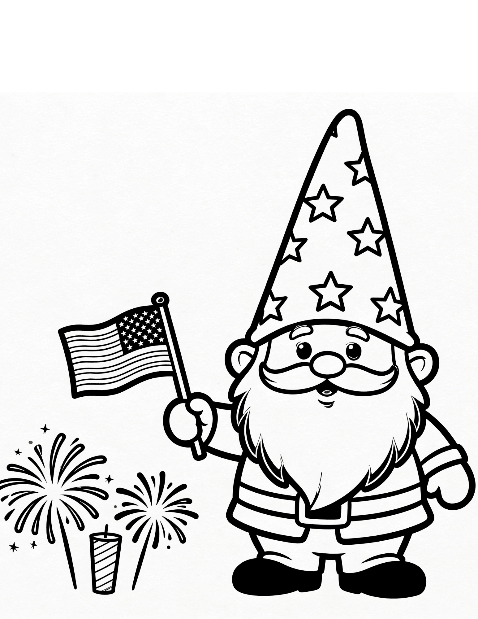 patriotic garden gnome with american flag black outline coloring page for independence day