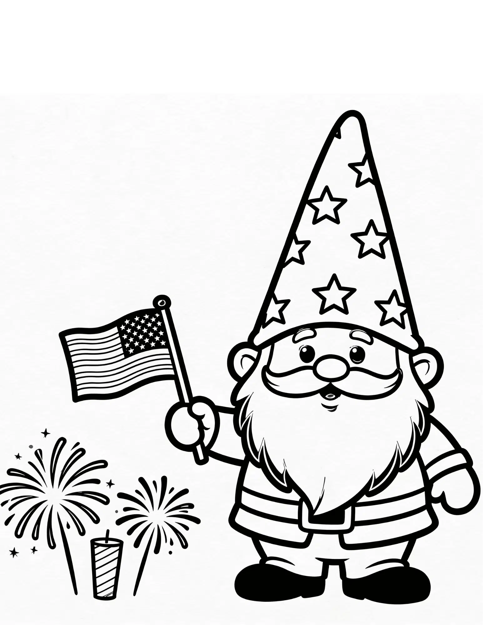 patriotic garden gnome with american flag black outline coloring page for independence day