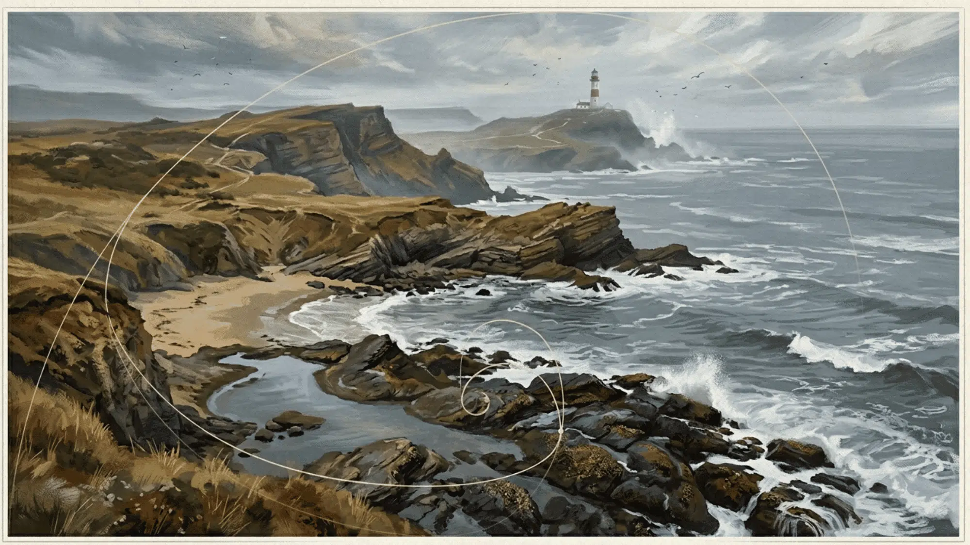 coastal landscape arranged along a spiral path from foreground rocks to a distant lighthouse