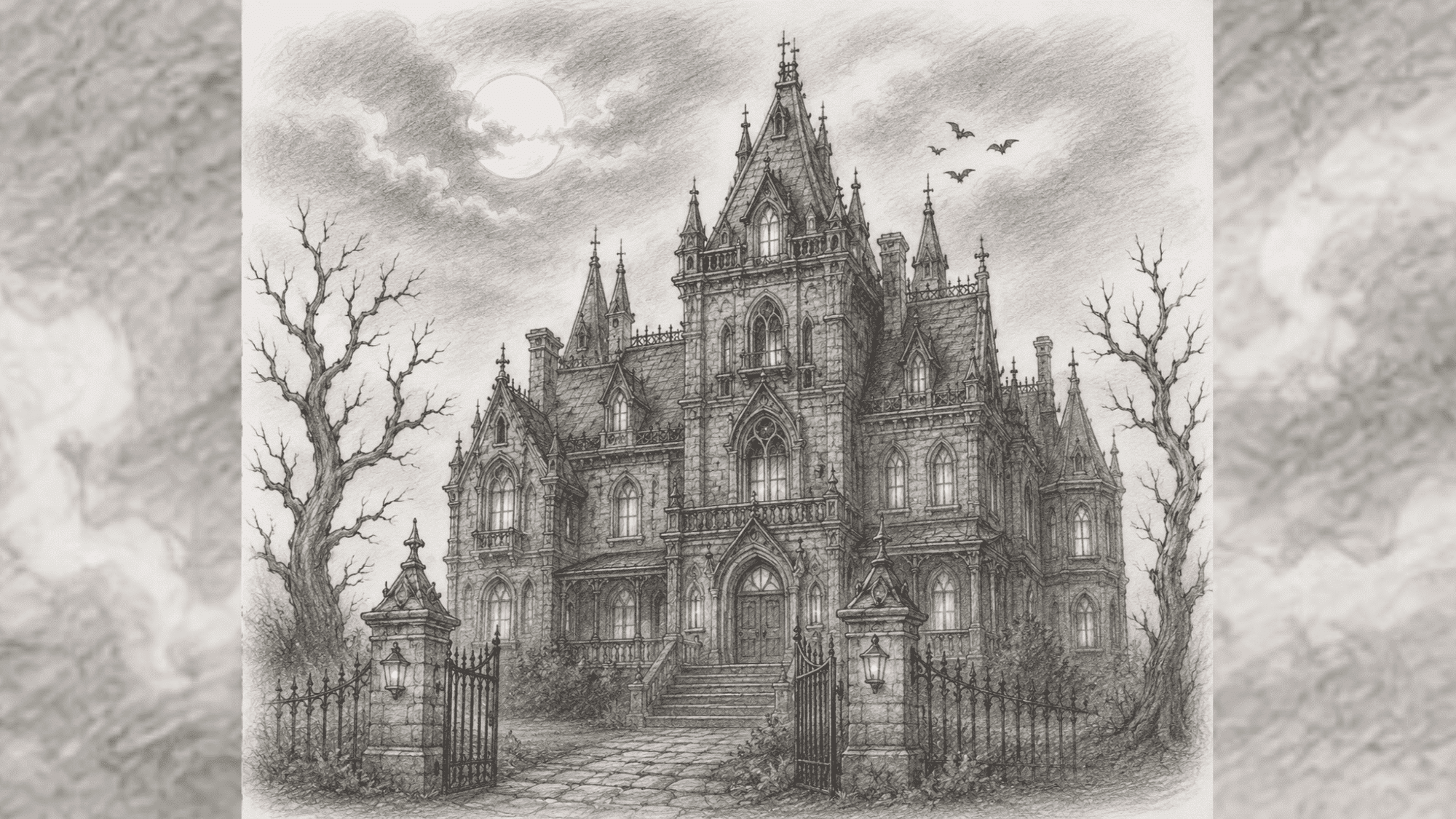 detailed gothic haunted mansion sketch with eerie moonlight, bare trees, and dramatic Victorian-style architecture.