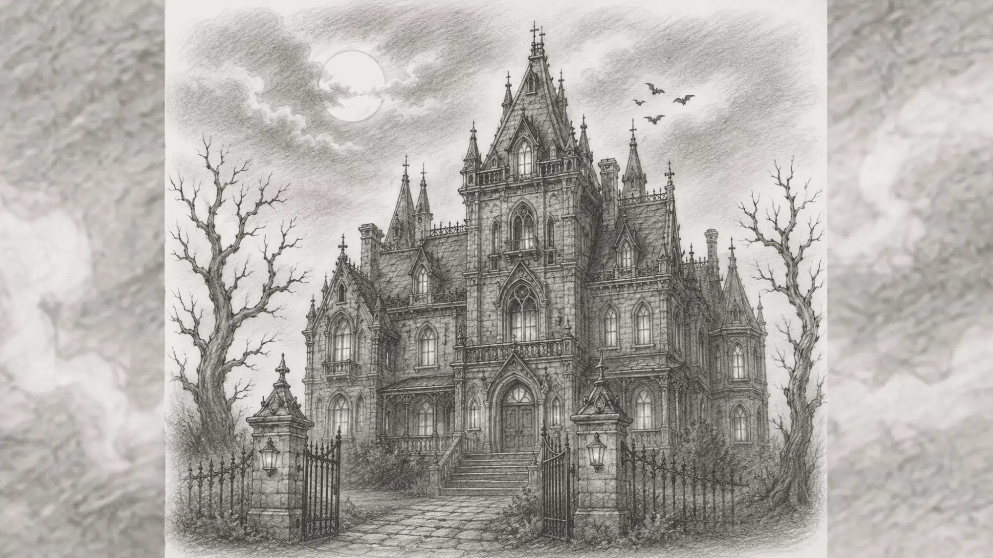 detailed gothic haunted mansion sketch with eerie moonlight, bare trees, and dramatic Victorian-style architecture.