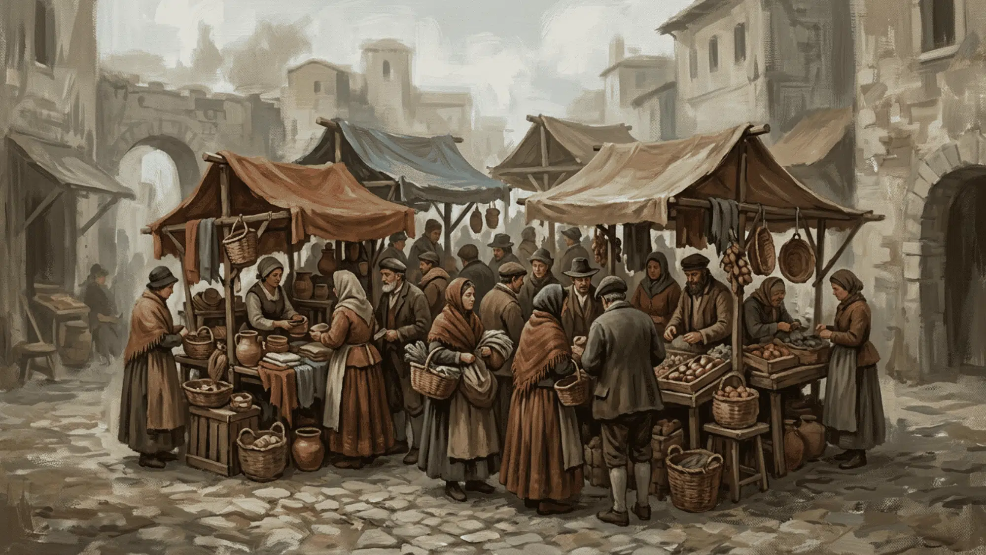 market stalls and figures clustered into one main visual mass against a simple background
