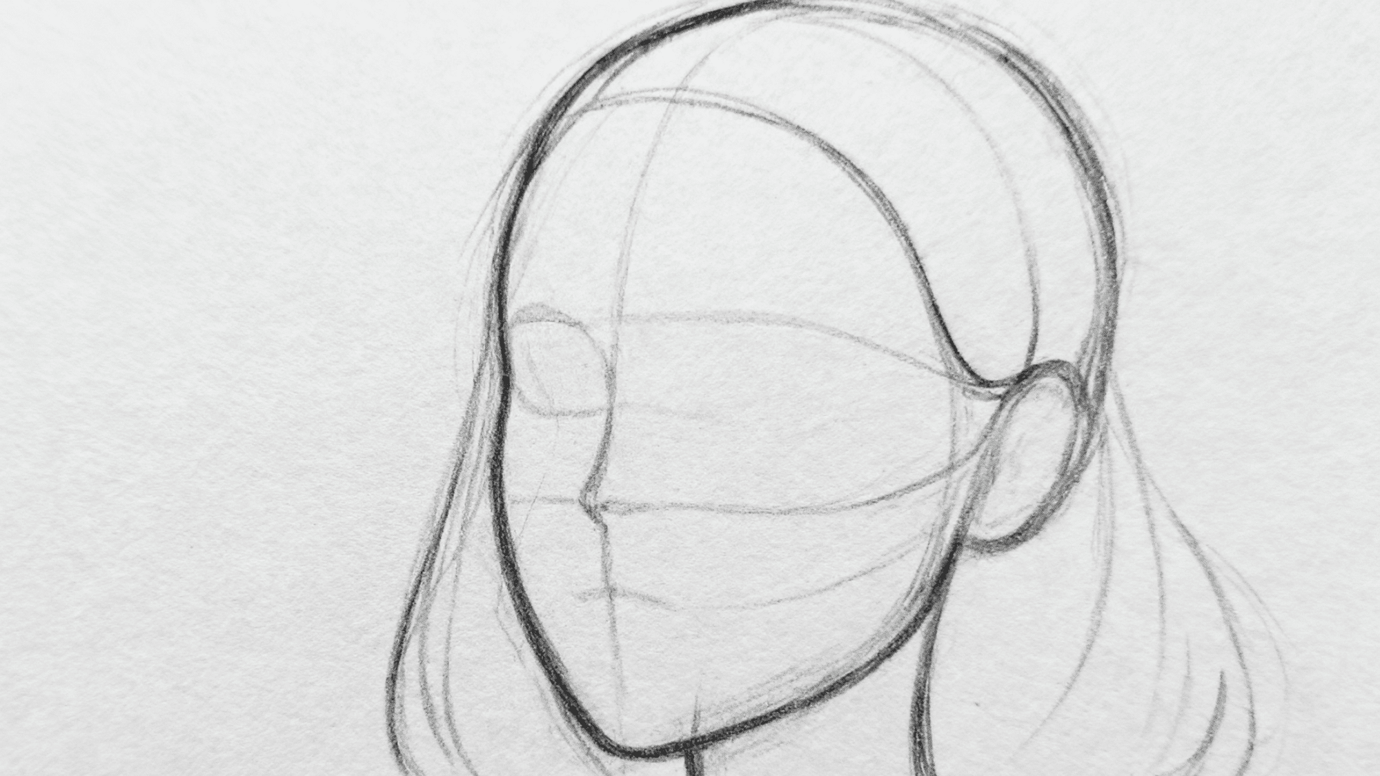 Female head with guide lines for facial features and basic hair flow.