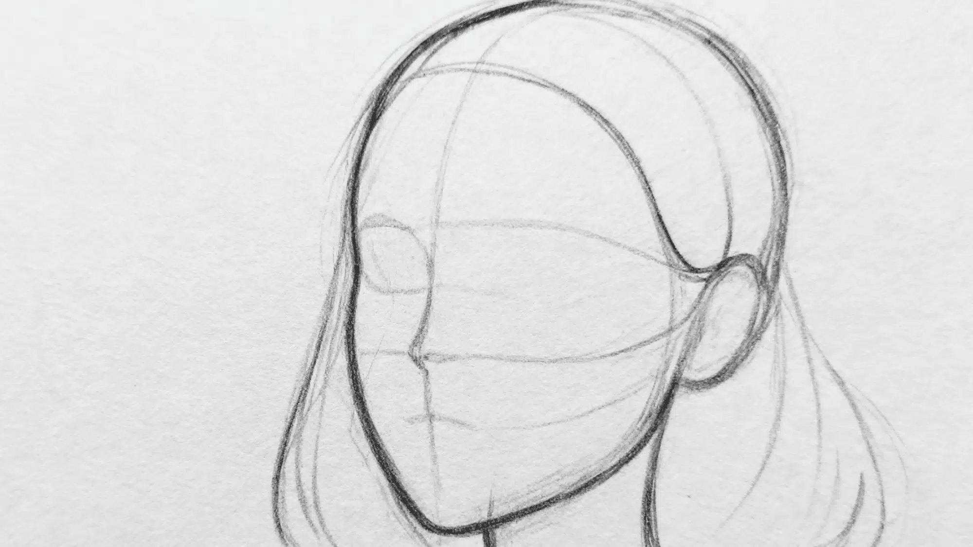Female head with guide lines for facial features and basic hair flow.