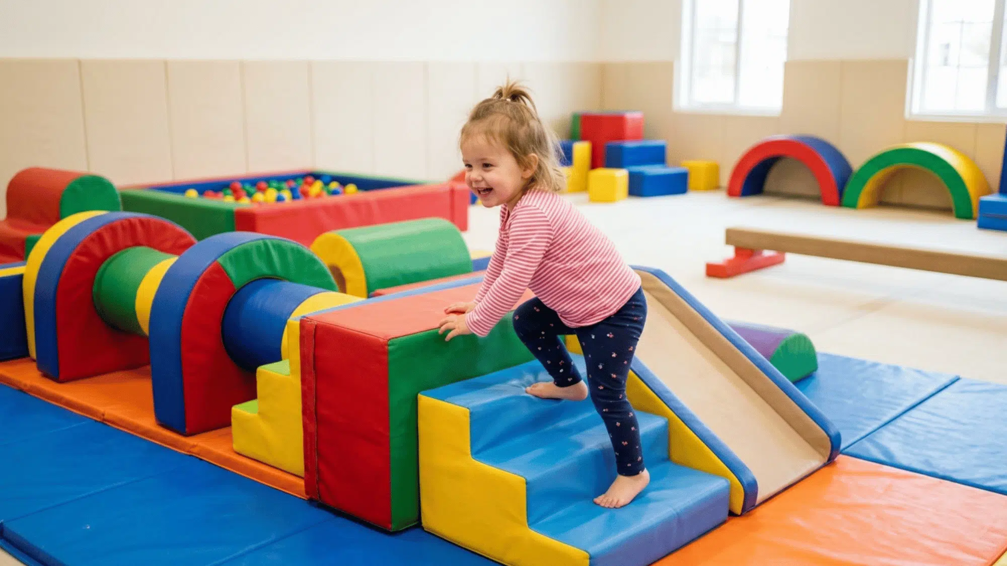 toddler explores soft climbing structures, slides, and padded obstacles in a safe indoor play gym.