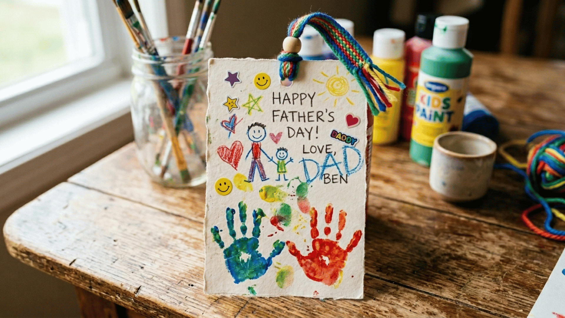 handmade bookmark with toddler handprints, paint, and ribbon for father’s day.
