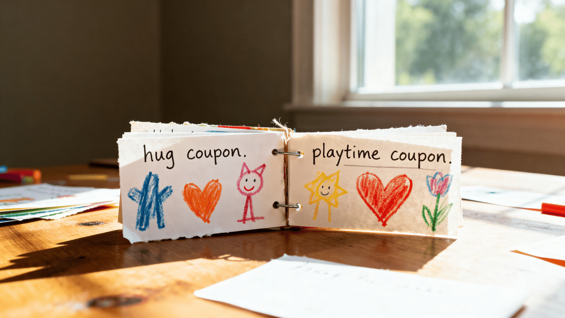 handmade father’s day coupon book with toddler drawings and simple coupons.