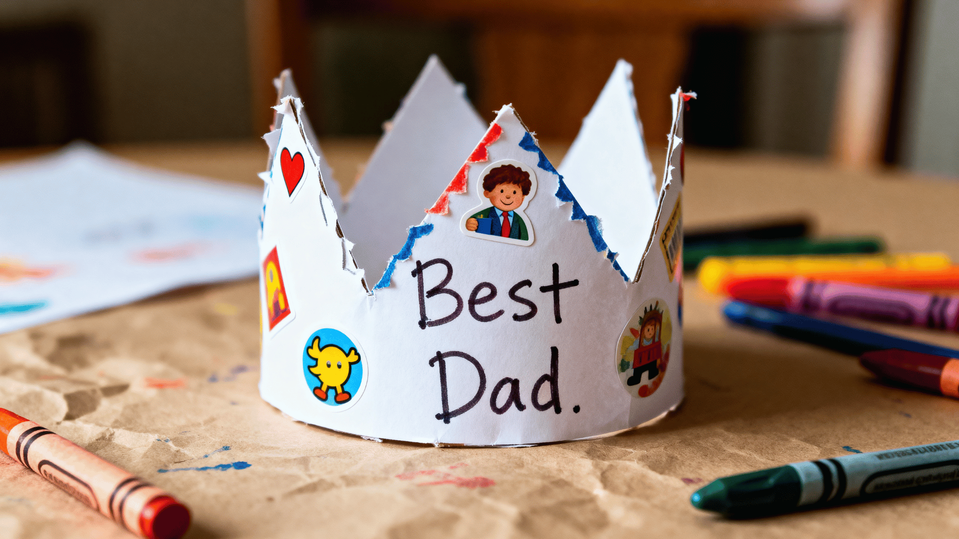 handmade Father’s Day paper crown decorated by a toddler with crayons and stickers.