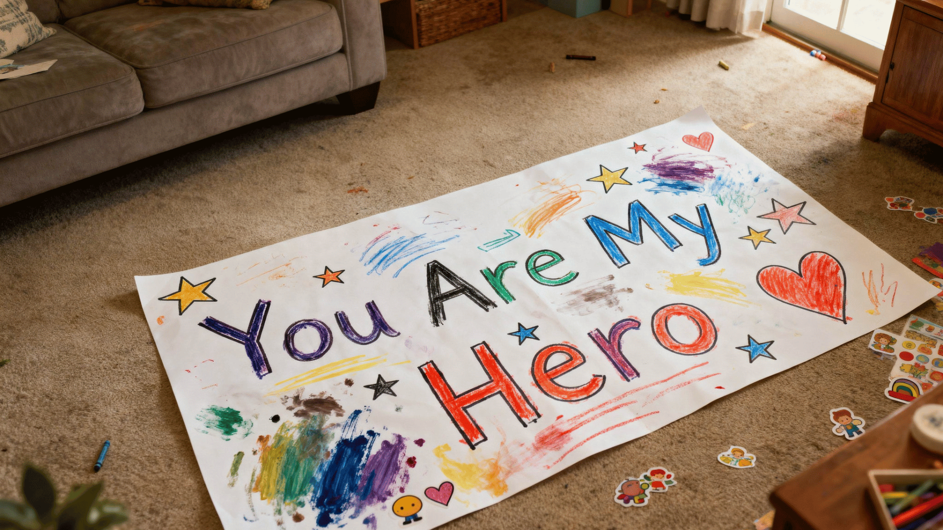 large handmade father’s day poster with toddler drawings, hearts, stars, and a sweet message for Dad.