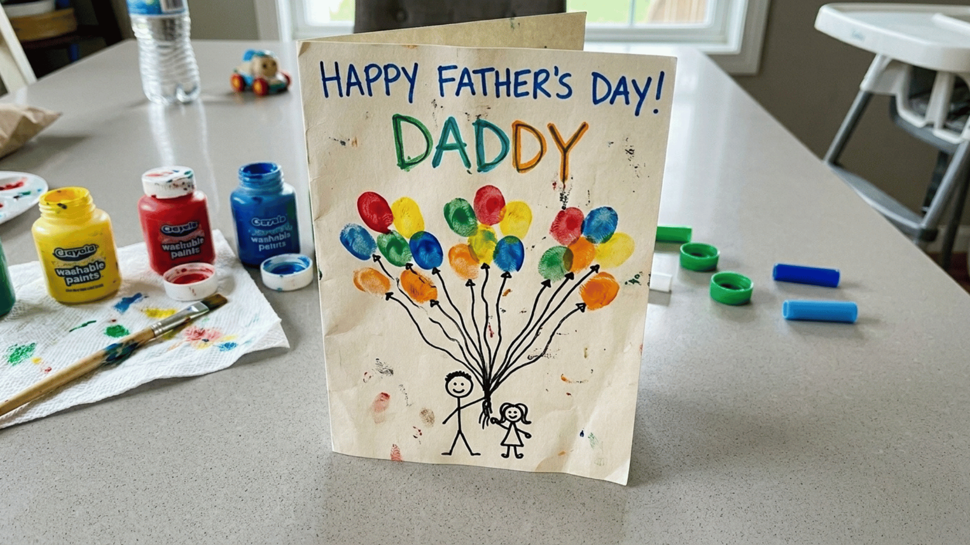 colorful Father’s Day card with toddler thumbprint balloons and hand-drawn strings on cardstock paper