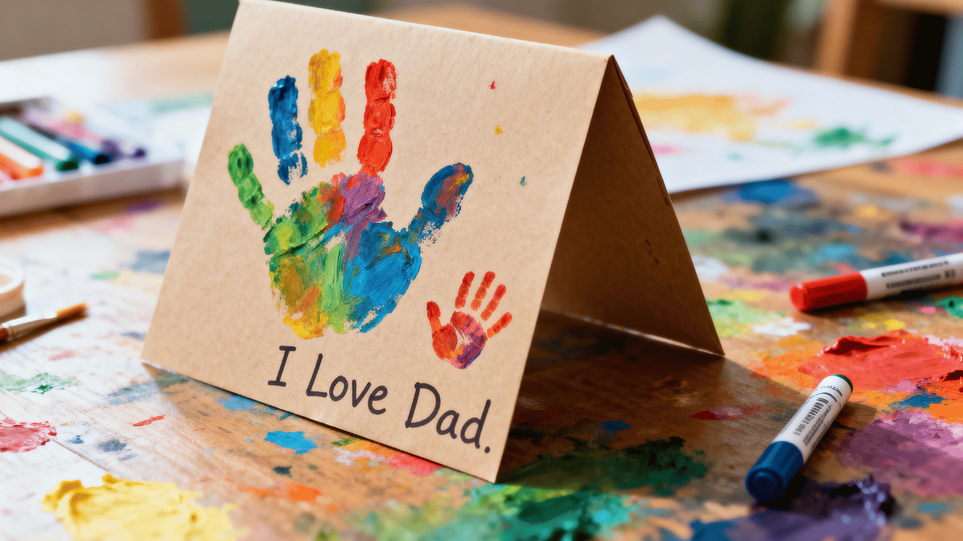toddler handprint Father’s Day card with colorful paint on folded cardstock paper.