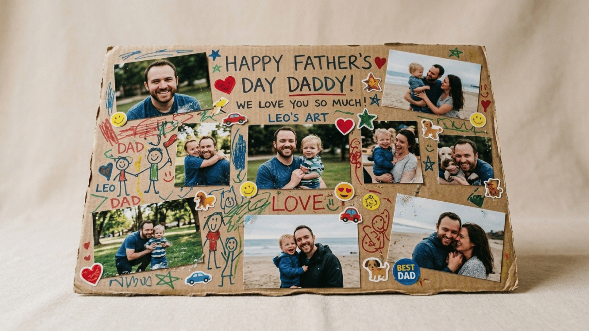 diy family photo collage board with toddler decorations and family pictures.