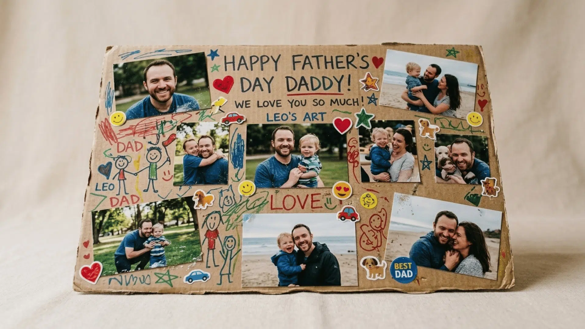 diy family photo collage board with toddler decorations and family pictures.