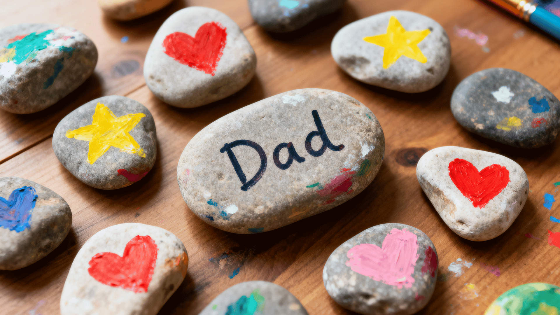 painted rocks with colorful hearts and stars made by a toddler for Father’s Day.