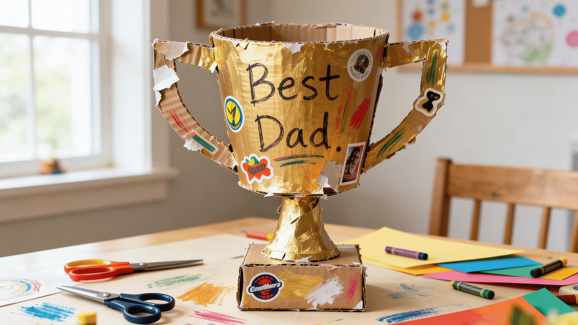 handmade cardboard “best dad” trophy decorated by a toddler with paint and stickers.