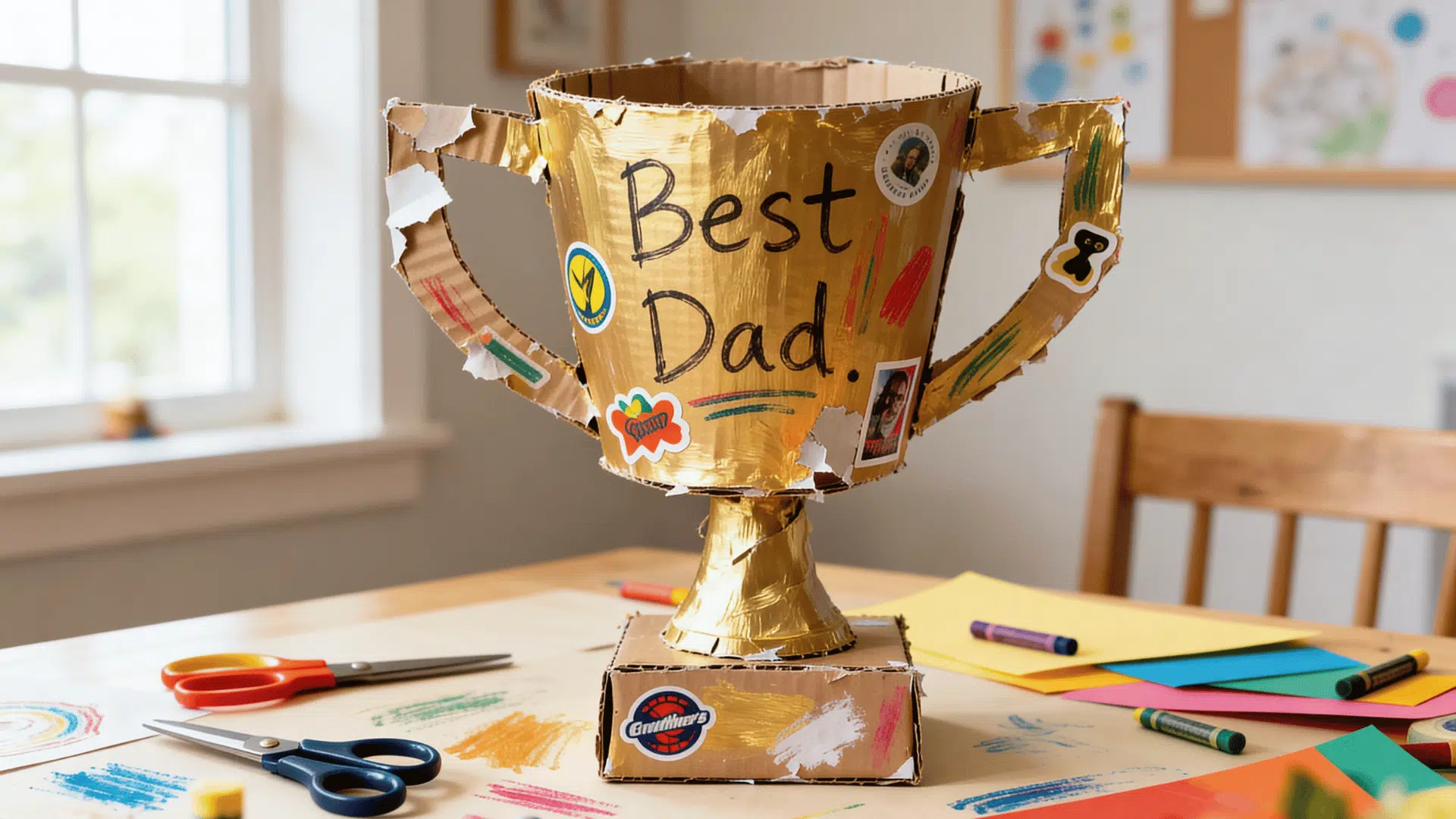handmade cardboard “best dad” trophy decorated by a toddler with paint and stickers.