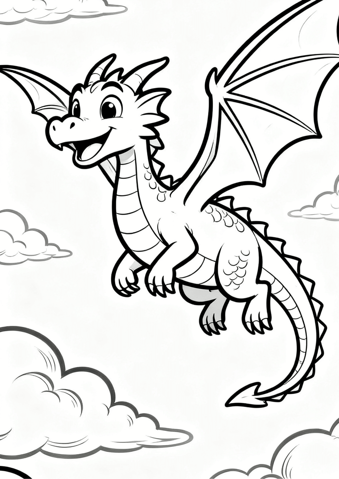Happy cartoon dragon flying through fluffy clouds with wide wings and smiling face in a fun coloring page scene