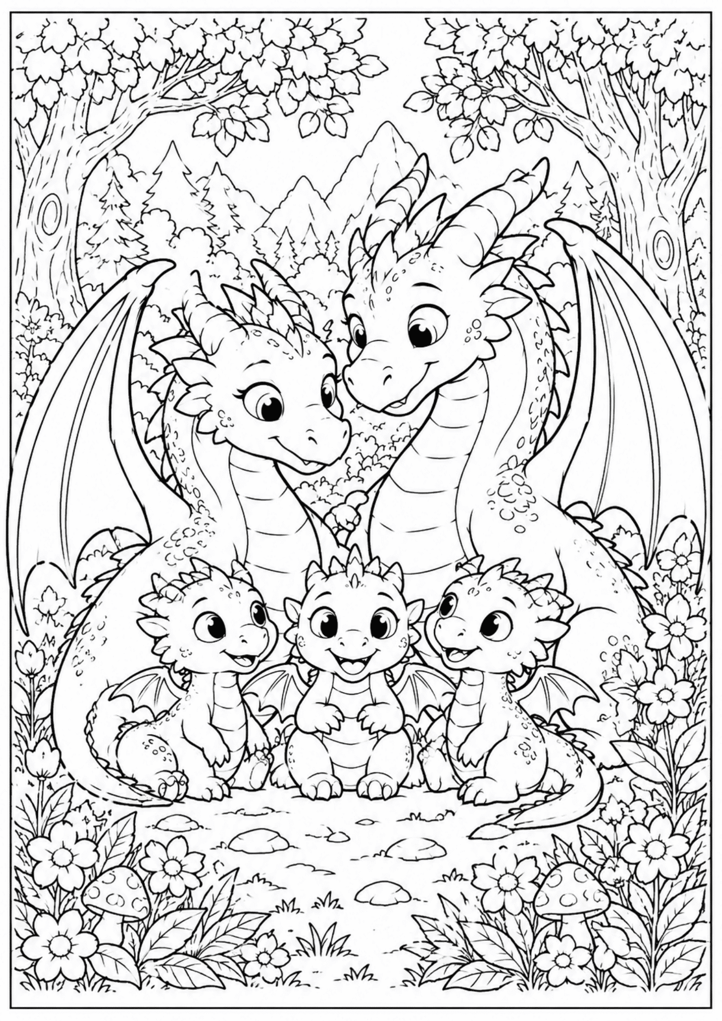 Happy dragon family with baby dragons in a fantasy forest, bold black outlines, cute printable coloring page.