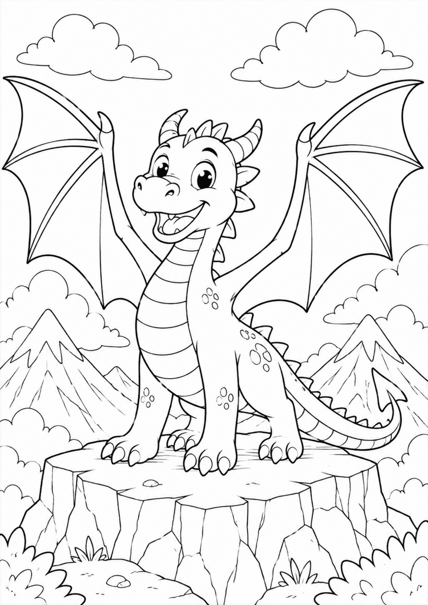 Happy smiling dragon spreading giant wings on a mountain cliff, with clouds and fantasy mountains behind, kids coloring page.